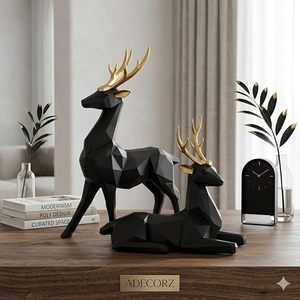 Figuras de ciervos negros con astas doradas en poses de pie y acostadas, estatuas decorativas para encimeras y mesas. - Product Image 5