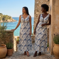 Robe midi sans manches bleu tie-dye pour femme, col en V, découpes, nouée devant, fluide, pour l'été et les vacances