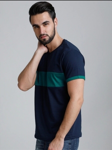 Camiseta Casual de Manga Corta para Hombre, Color Azul Marino y Verde, Sin Cuello, Tejida, Doble Botonadura, 100% Algodón, Transpirable, para Verano - Product Image 3