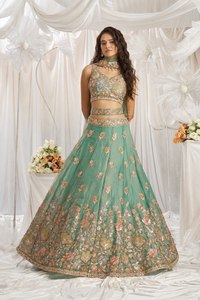 <b>Green</b> Fandy SILK Lehenga Choli Set Zari Sequin Floral Embroidered Evening Dress <b>Net</b> Dupatta for Wedding Party - Product Image 1