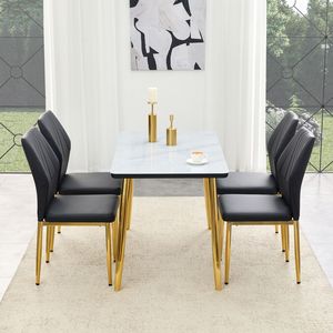 Set Tavolo e Sedie Bianco Effetto Marmo per Ristoranti, Piano in Vetro, Base in MDF, Gambe Affusolate in Metallo Dorato, Set da 4 Pezzi - Product Image 2