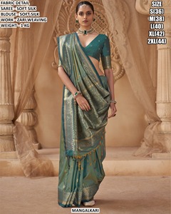 Sari en soie verte Mangalkari avec ensemble de chemisier tissé Zari, longueur au sol, tenue de mariage indienne traditionnelle pour femmes - Product Image 2