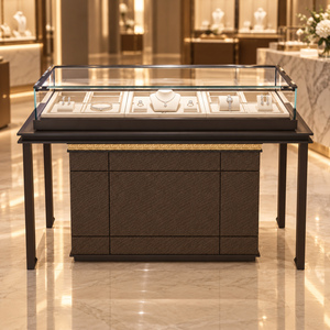 Comptoir de présentation de bijoux de luxe noir avec dessus en verre trempé, éclairage LED, vitrine de vente au détail pour bagues, colliers, bracelets et boucles d'oreilles - Product Image 1
