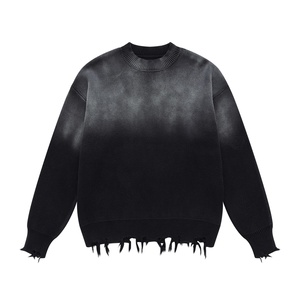 Suéter de punto oversize para hombre, cuello redondo, negro liso, dobladillo con flecos, antipilling, jersey de invierno, corte regular - Product Image 1