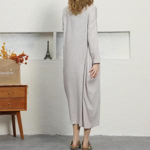 Premium Grey O-Neck Maxi <b>Dress</b> With Full Sleeves <b>Loose</b> Boho Style 100% Linen Summer Casual <b>Dress</b> For Women - Product Image 4