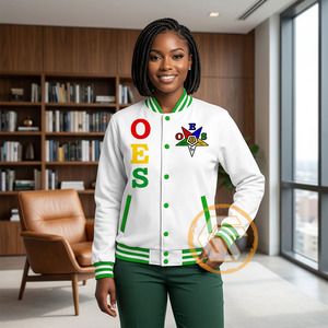 OES Embroidered Varsity <b>Jacket</b> White Green Lettering <b>Star</b> Patch Women's Autumn Wear - Product Image 4