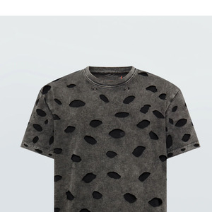 Vintage Hollow Knitted Oversized Solid Anti-Wrinkle <b>T</b>-Shirt Ripped Men Crewneck Short Sleeve Distressed 100% Cotton Summer - Product Image 5