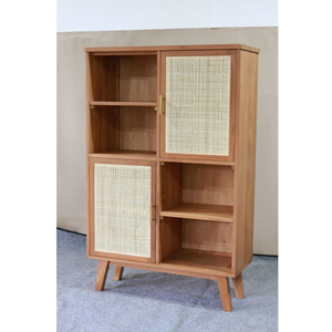 Estantería de Almacenamiento para Sala de Estar de Teca y Ratán, Diseño Moderno de 2 Puertas y 8 Estantes, Independiente - Product Image 1