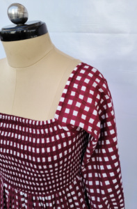 Maroon Cotton Check Maxi <b>Dress</b> Women Smocking Neck Long Sleeve <b>Loose</b> Comfortable Summer Casual Woven <b>Dress</b> - Product Image 3