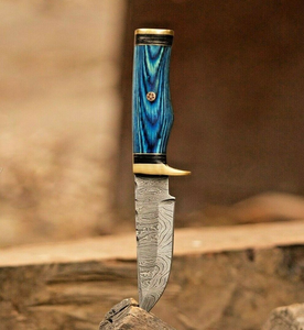 Cuchillo de Caza de Acero de Damasco Personalizado OEM, Cuchillo de Supervivencia de Hoja Fija para Bushcraft con Mango de Madera Azul y Funda de Cuero, Venta al por Mayor - Product Image 6