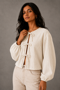 Blusa de algodón seersucker para mujer, manga larga, corte ajustado y acampanado, cuello redondo, informal, para uso diario, top de verano y primavera. - Product Image 1
