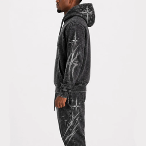 Custom LOGO Streetwear Jogging <b>Set</b> Zip up Acid Wash Tracksuit SweatSuit Hoodie and Straight Leg <b>Sweatpants</b> <b>Set</b> Men Hoodie - Product Image 3