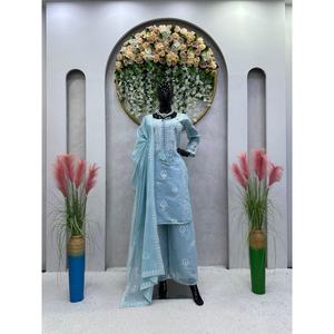 ÚLTIMA ORGANZA CON HILO CHANDERI TRABAJO TOP PALAZZO CON DUPATTA SKY Dhoti - Product Image 3