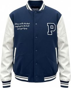 Chaqueta Varsity Clásica Azul Marino y Blanca con Logotipo P Bordado y Frase para Adultos, Ropa de Otoño, Actividades Promocionales - Product Image 1