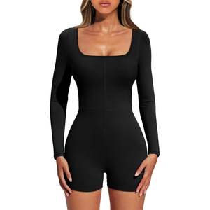 2025 2023 Trendy Black Sports Bodysuit <b>Jumpsuit</b> <b>Women's</b> Sexy Athletic One Piece <b>Shorts</b> Long Sleeve Tummy Control Workout - Product Image 3