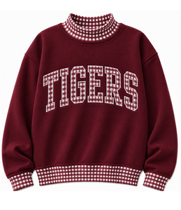 Pull-over décontracté surdimensionné en coton personnalisé à col roulé et épaules tombantes pour femme, motif gingham et pois, vente en gros - Product Image 3