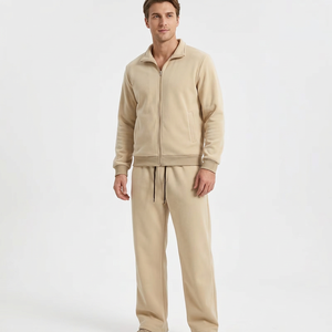 Men's Beige 2-Piece Lightweight Sweatshirt Set Solid Color Fleece Track Suit Casual Autumn Wear 100% Cotton French OEM Service - Product Image 5