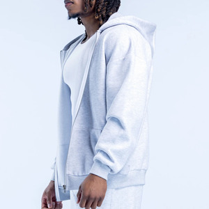 High Demanding Custom Logo Grey Marl Drop Shoulder Men Zip Hoodie Cotton Blended Breathable Gym & Streetwear Zip Hoodie For Men - Product Image 4