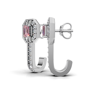 Boucles d'oreilles créoles Huggie en or 18 carats avec halo de diamants roses taille émeraude, certifiées IGI, cultivées en laboratoire - Product Image 2