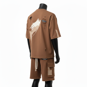 Ensemble t-shirt et short en coton surdimensionné pour homme, 260 GSM, tons terre, empiècements, logo imprimé sur mesure - Product Image 5