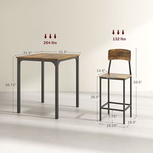 Juego de Comedor Rústico Marrón y Negro de 3 Piezas, Mesa Cuadrada de Bar con 2 Taburetes para Cocina Pequeña o Uso en Bar - Product Image 3