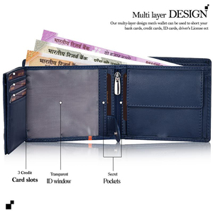 Portefeuille homme 2026 en cuir véritable, fin, à double pli, anti-RFID, imperméable, bleu foncé à rayures orange, design minimaliste, fermeture ouverte - Product Image 3