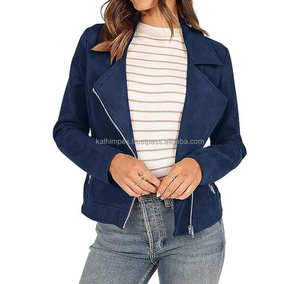 Vestes pour femmes en daim de Style motard bleu avec fermeture à glissière asymétrique col à revers manches longues recadrée Moto Fit Look Vintage moderne - Product Image 1
