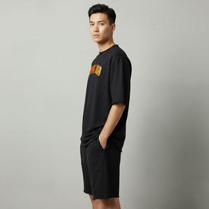 Conjunto Deportivo Terzo de Alta Calidad para Hombre, Camiseta Negra de Algodón y Pantalones Cortos, Cuello Redondo, Manga Corta, Corte Regular, 2 en 1, Estilo Urbano, Logotipo Naranja - Product Image 5