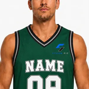 Maillot de basket vert personnalisé pour homme, col en V, sans manches, impression par sublimation, nom de l'équipe 09, maille respirante, coupe classique, 100 % polyester - Product Image 5