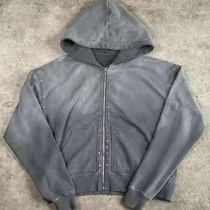 Survêtements zippés pour hommes en coton 100% French Terry, entièrement ornés de strass, effet délavé, coupe ample, vente en gros - Product Image 2