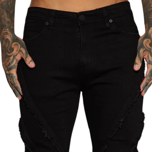 Jean en denim noir déchiré pour homme, coupe slim, décontracté, style streetwear vintage, détails déchirés, cinq poches, en coton - Product Image 3