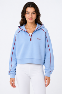 Sweat-shirt à capuche court pour femme, hiver, bleu ciel uni, fermeture demi-zip, en molleton de coton doux, décontracté, long - Product Image 1
