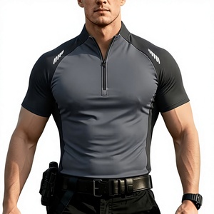 T-shirt athlétique décontracté pour homme à col montant zippé, coupe ajustée, manches courtes, séchage rapide, en Spandex/Polyester uni - Product Image 6
