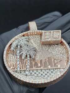 Maßgefertigter Hip-Hop-Stil Iced Out Moissanit Krallenfassung Palme und Stadtlandschaft bei Sonnenuntergang Design 925 Silber Roségold-Finish Anhänger - Product Image 6
