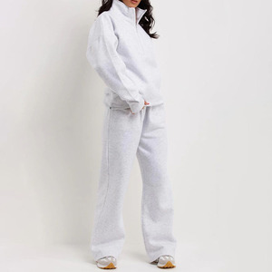 <b>Women's</b> Light Gray <b>Half</b>-<b>Zip</b> <b>Sweatshirt</b> And Pants Tracksuit Set Full Sleeve Loose Fit Solid Color Autumn Wear With Side Pocket - Product Image 2
