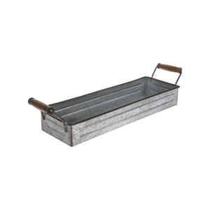 Plateau rectangulaire en métal galvanisé style rustique avec poignées en bois, vintage, pour la décoration de la maison - Product Image 1