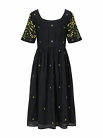 Robe midi noire brodée florale à manches courtes, taille empire classique, pour les fêtes et occasions décontractées, en coton tissé