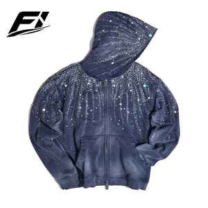 Blouson à capuche orné pour homme, fermeture éclair intégrale, manches longues, bleu foncé, style streetwear, vente en gros, vêtements d'extérieur décontractés, fabricant - Product Image 1