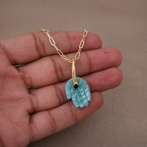 Amazonite <b>Hamsa</b> <b>Hand</b> <b>Necklace</b> with Black Onyx Gold Plated Brass Paperclip Chain Spiritual Protection Jewelry - Product Image 4