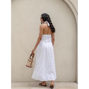 Women Solid White Cotton Linen Maxi Dress Halter Neck <b>Tie</b> <b>Back</b> Sleeveless Elegant Long Dress - Product Image 4