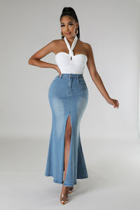 Jupes en jean pour femmes, jupe longue en denim extensible pour femmes, jupe longue évasée en denim pour femmes - Product Image 3