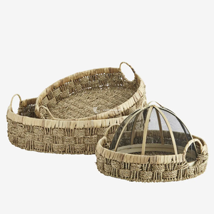 <b>Wicker</b> Serving Tray with Net Cover, Woven Seagrass Food Tray, Eco-friendly Bamboo Food Cover for Picnic & Outdoor Dining - Product Image 1