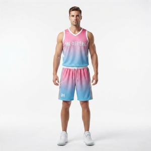 Conjunto de Camiseta y Pantalones Cortos de Baloncesto Sublimados Personalizados con Degradado Rosa y Azul, Uniforme Deportivo Transpirable - Product Image 1