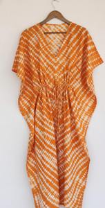 Vestido Kaftán Maxi con Cuello en V, Estampado, Hecho a Mano, Ecológico, de Algodón, con Tinte Tradicional, para Mujer, Nuevo, Holgado, Informal, para Playa o Fitness - Product Image 5