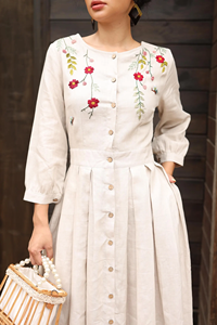 Vestido Midi Elegante para Mujer, Color Blanco Hueso, Mezcla de Lino Premium, Corte en A, Bordado Floral a Mano, Cuello Redondo, Largo Completo - Product Image 2