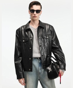 Men's Black PU Leather <b>Jacket</b> <b>Casual</b> Turn-down Collar Button Closure Regular Fit Autumn Wear - Product Image 3