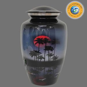 Linea Exports Inc Cremation Urn Black Adult <b>Memorial</b> <b>Vase</b> With Palm Tree And Sunset Design Customizable Artistic Pattern - Product Image 1
