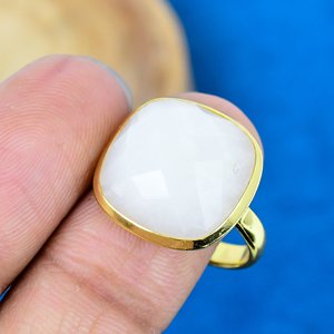 Natural Rainbow Moonstone Cushion Cut Gemstone 18k Gold Plated Bezel Handmade <b>Statement</b> <b>Ring</b> For Women - Product Image 3