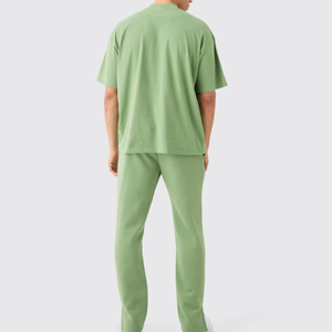 Men’s Summer Tracksuit Set – Short Sleeve Tee & <b>Pants</b>, Lightweight Breathable Cotton Fabric, Green Color, Casual and Gym Wear - Product Image 5