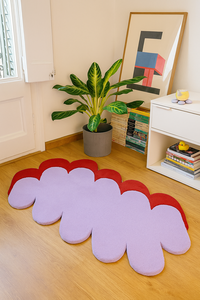 Alfombra contemporánea irregular abstracta personalizada, hecha a mano, con diseño de perro, en colores morado y rojo, de lana, para decoración del hogar. - Product Image 3